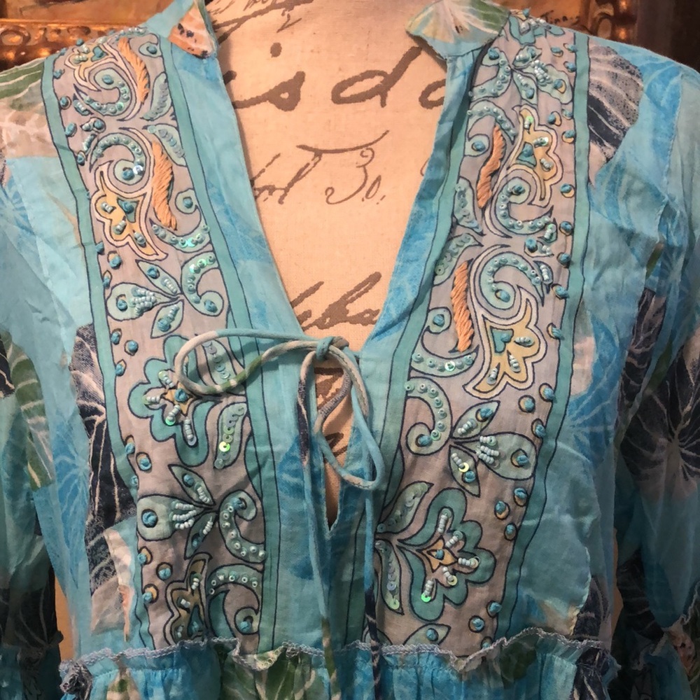 Zury tiered bohemian tropical print bell sleeve cotton babydoll coverup dress - Picture 8 of 12